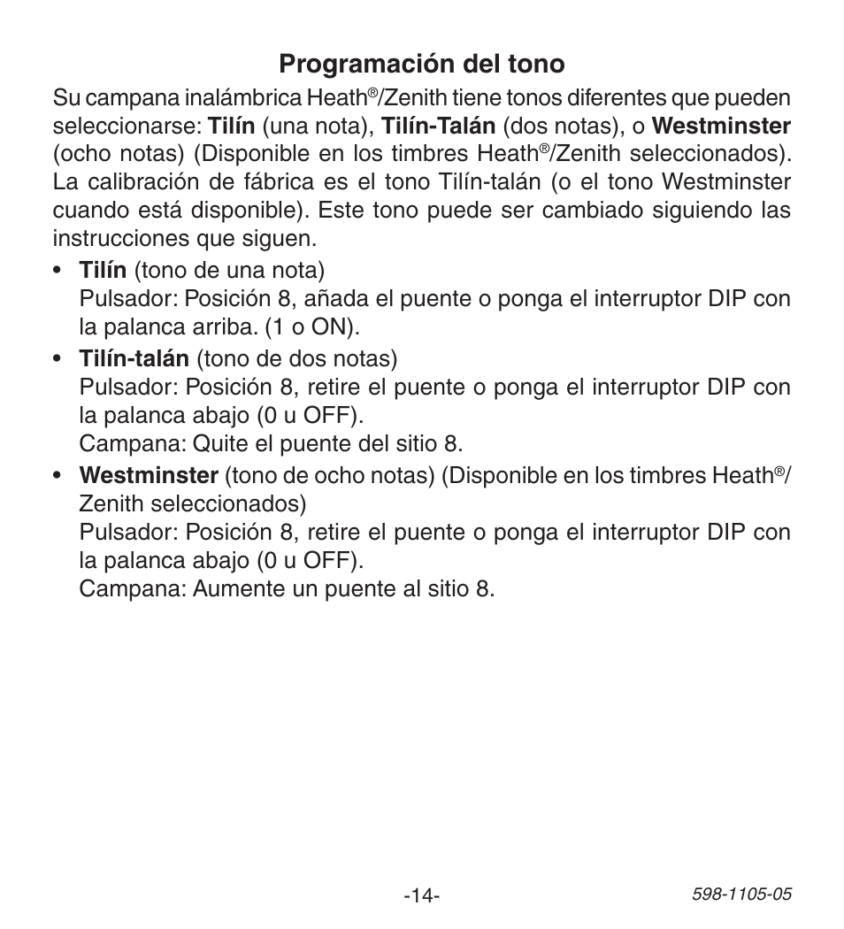 Programación del tono | Heath Zenith Wireless Push Button Accessory 598-1105-05 User Manual | Page 14 / 32