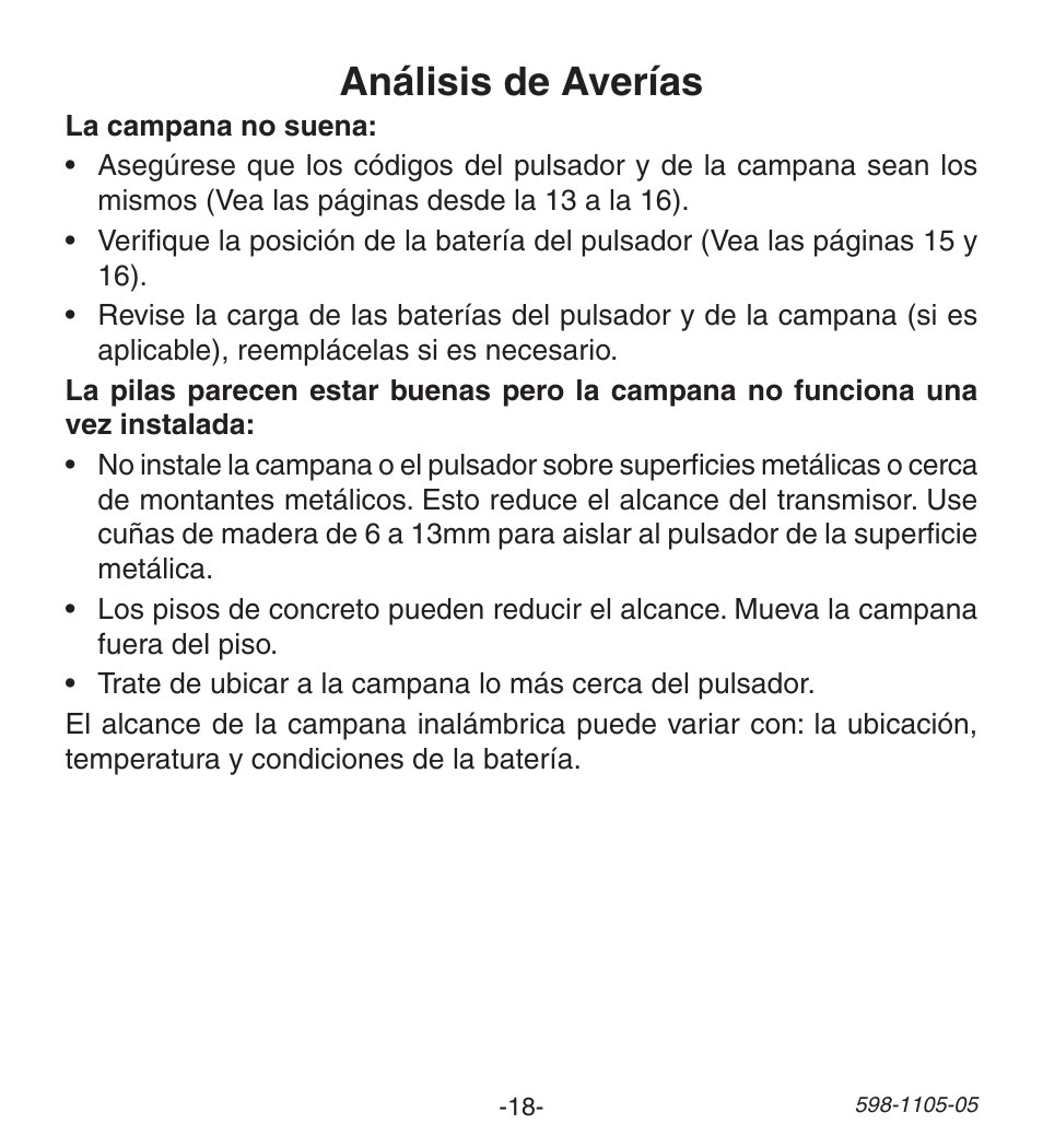 Análisis de averías | Heath Zenith Wireless Push Button Accessory 598-1105-05 User Manual | Page 18 / 32