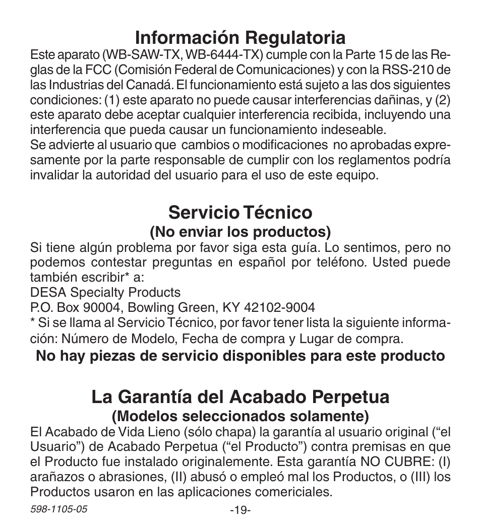 Información regulatoria, La garantía del acabado perpetua, Servicio técnico | Heath Zenith Wireless Push Button Accessory 598-1105-05 User Manual | Page 19 / 32