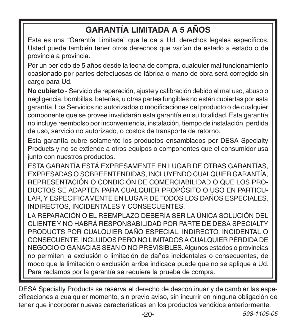 Garantía limitada a 5 años | Heath Zenith Wireless Push Button Accessory 598-1105-05 User Manual | Page 20 / 32