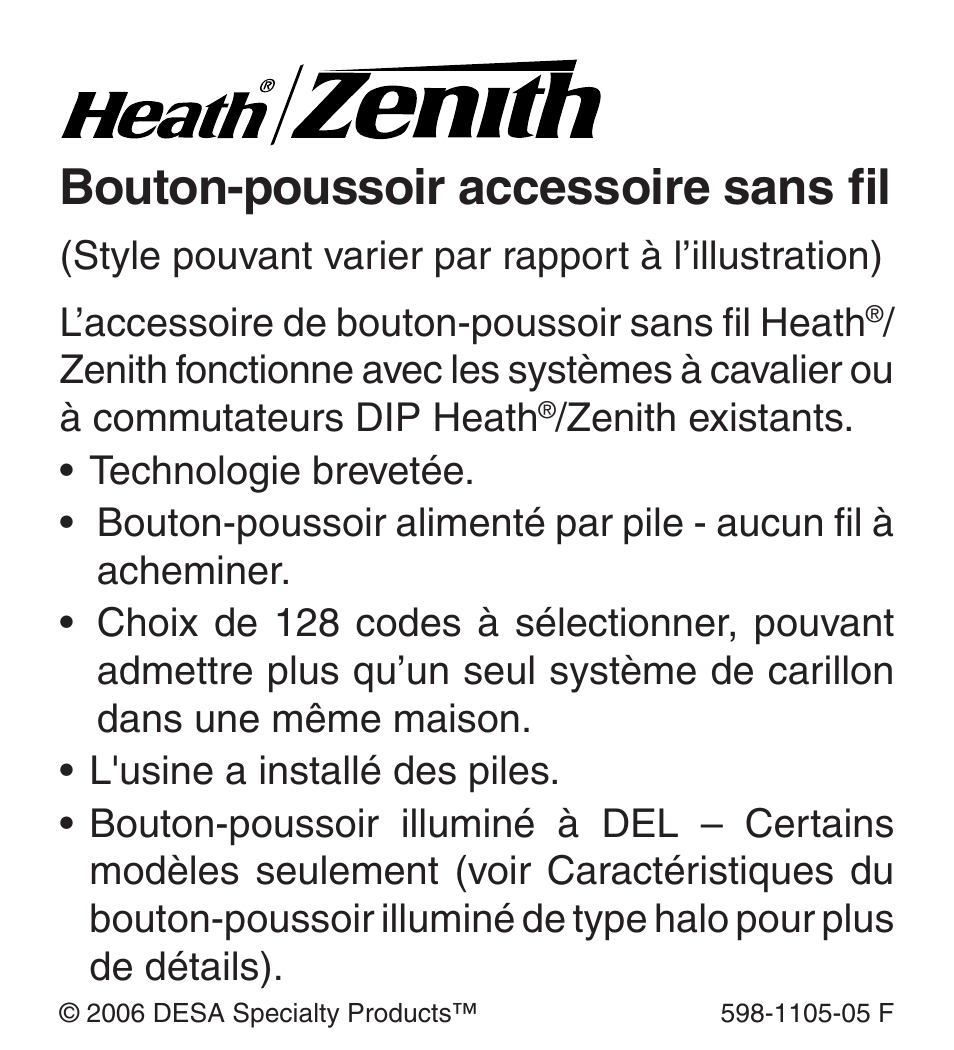 Bouton-poussoir accessoire sans fil, Style pouvant varier par rapport à l’illustration), L’accessoire de bouton-poussoir sans fil heath | Heath Zenith Wireless Push Button Accessory 598-1105-05 User Manual | Page 21 / 32