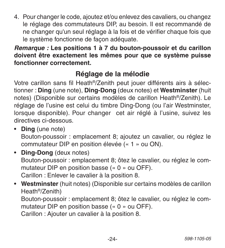 Réglage de la mélodie | Heath Zenith Wireless Push Button Accessory 598-1105-05 User Manual | Page 24 / 32