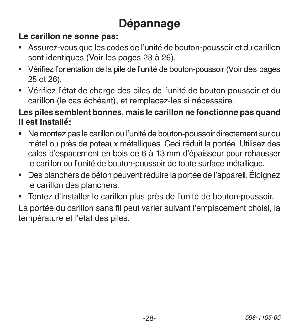 Dépannage | Heath Zenith Wireless Push Button Accessory 598-1105-05 User Manual | Page 28 / 32