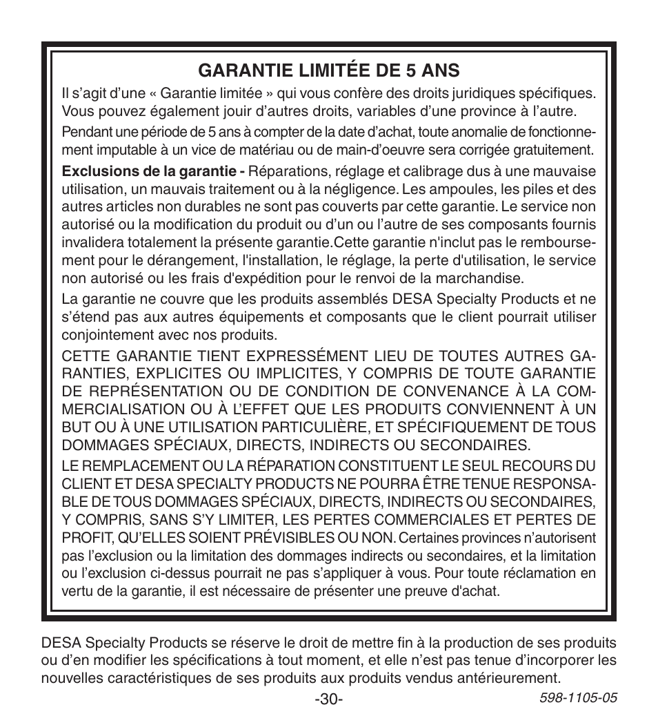 Garantie limitée de 5 ans | Heath Zenith Wireless Push Button Accessory 598-1105-05 User Manual | Page 30 / 32
