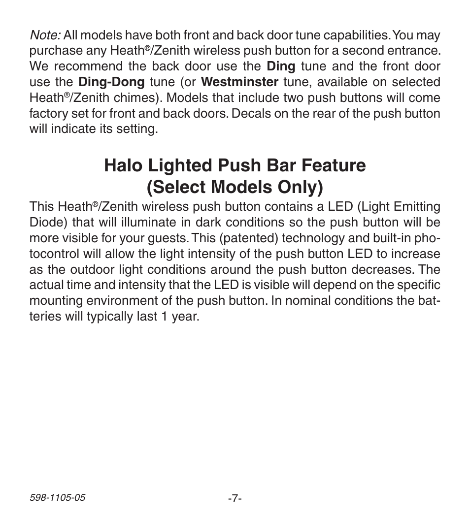 Halo lighted push bar feature (select models only) | Heath Zenith Wireless Push Button Accessory 598-1105-05 User Manual | Page 7 / 32