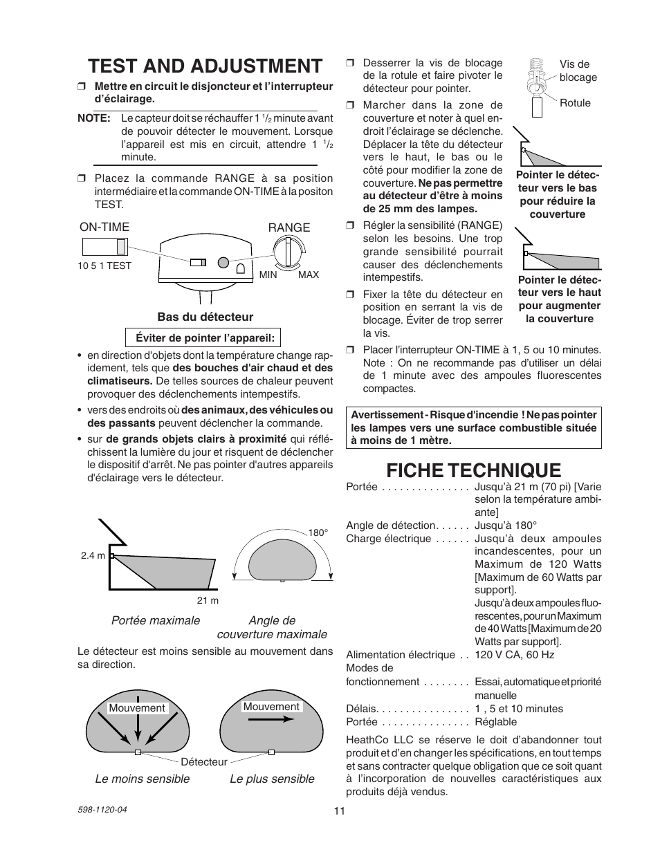 Test and adjustment, Fiche technique | Heath Zenith SL-5710 User Manual | Page 11 / 12