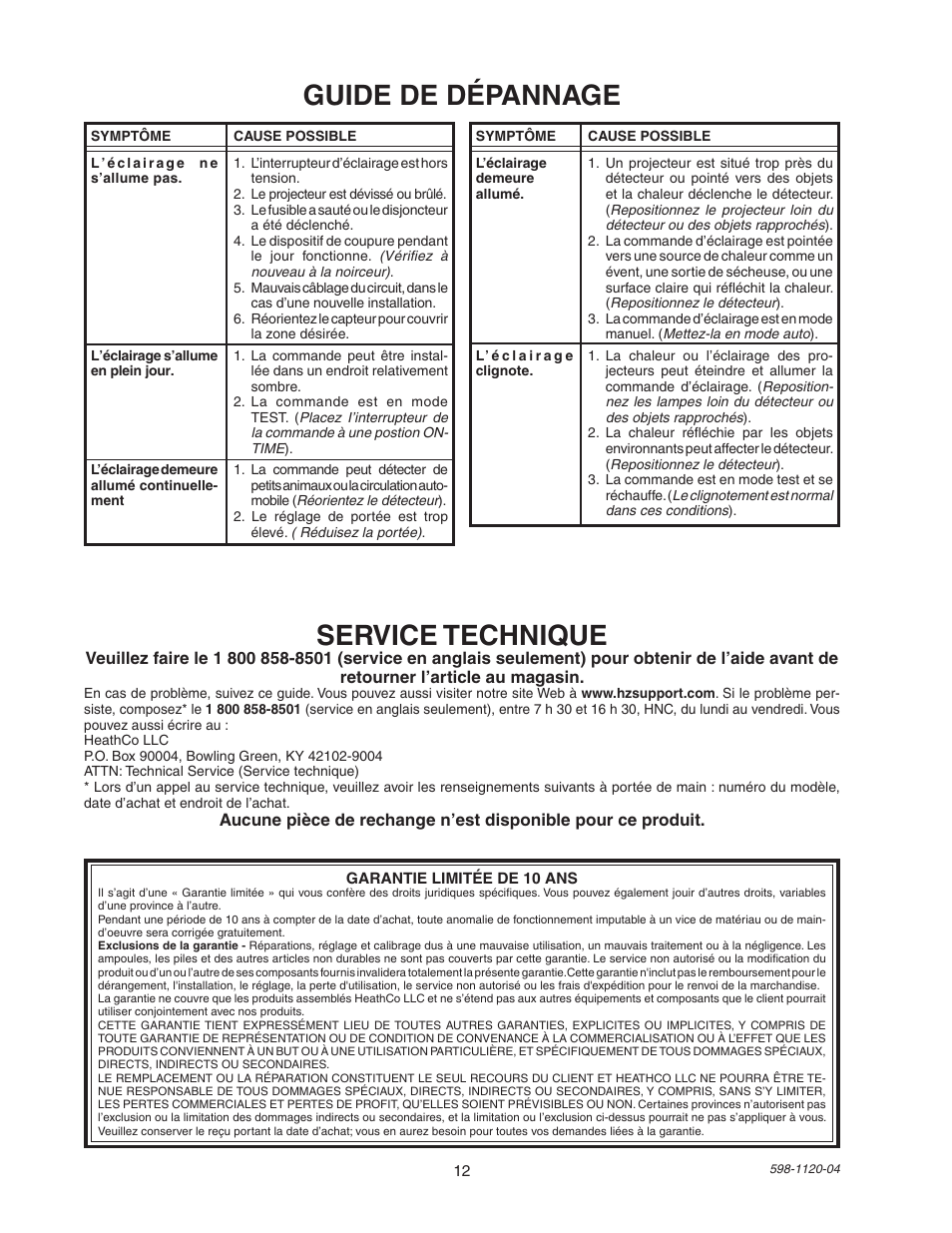 Guide de dépannage, Service technique | Heath Zenith SL-5710 User Manual | Page 12 / 12