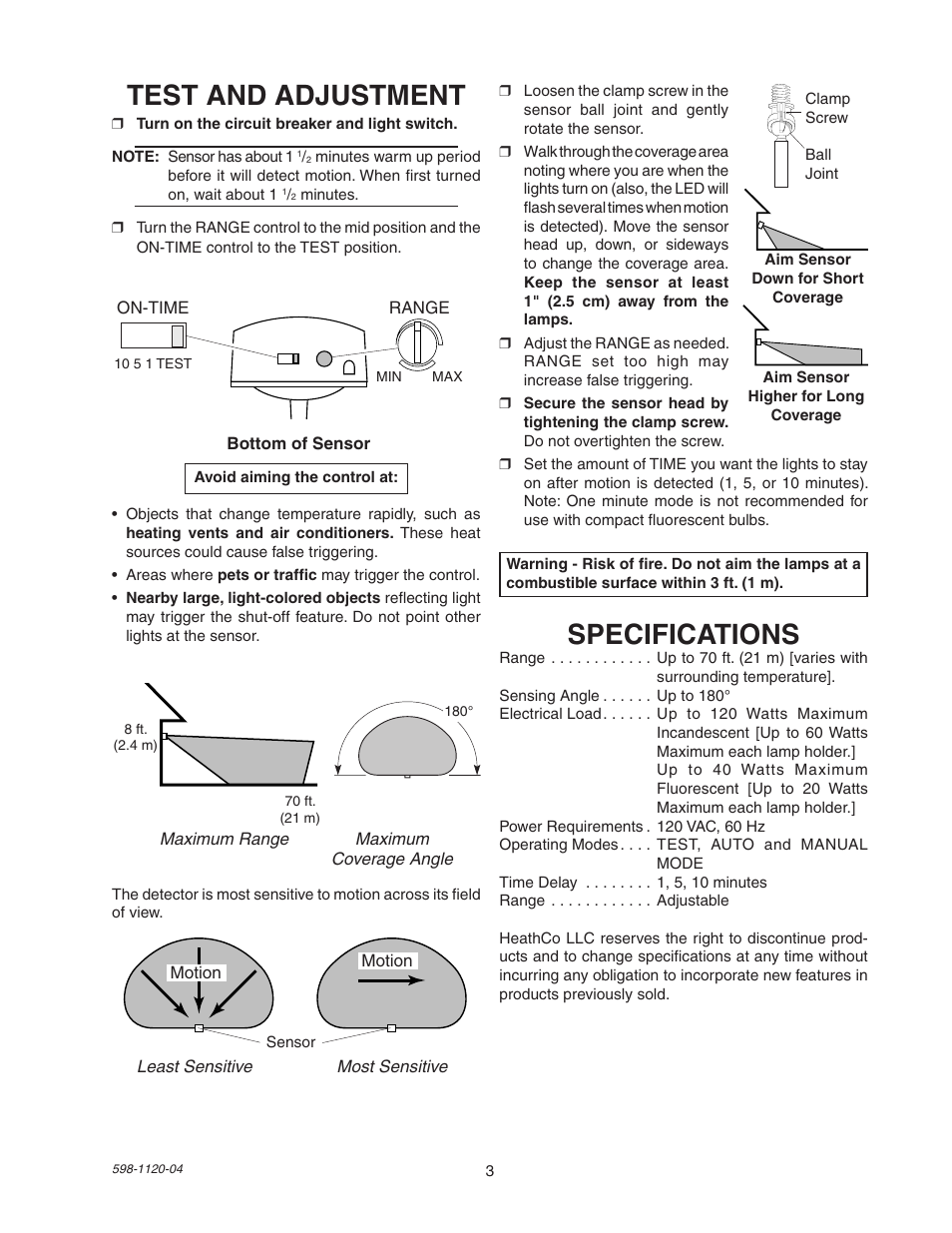 Specifications, Test and adjustment | Heath Zenith SL-5710 User Manual | Page 3 / 12