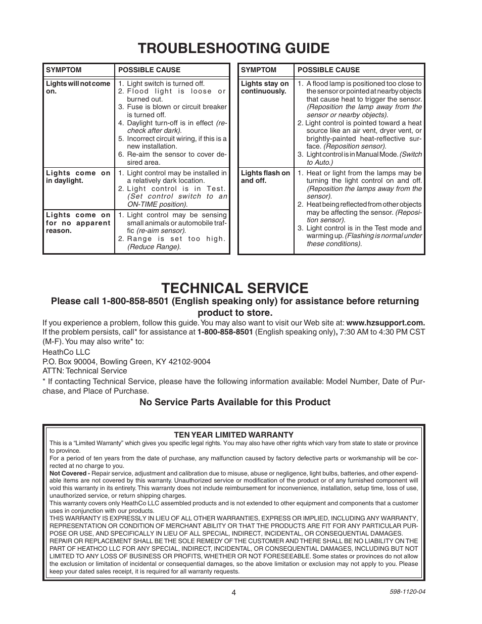 Troubleshooting guide, Technical service | Heath Zenith SL-5710 User Manual | Page 4 / 12