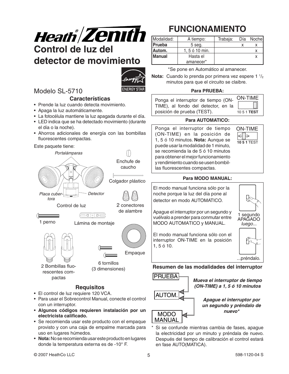 Control de luz del detector de movimiento, Funcionamiento, Modelo sl-5710 | Prueba autom. modo manual | Heath Zenith SL-5710 User Manual | Page 5 / 12