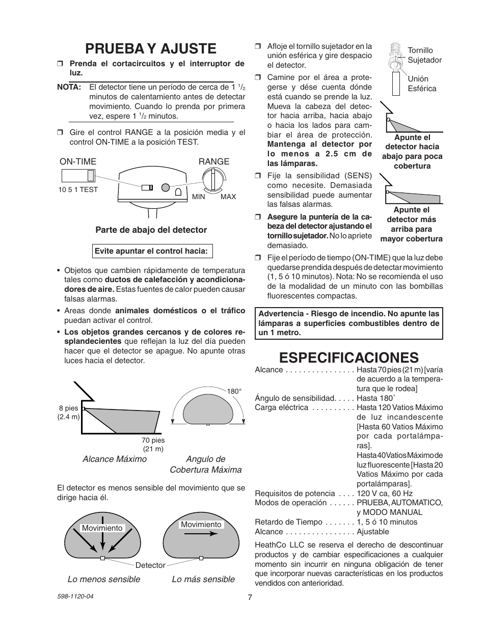 Prueba y ajuste, Especificaciones | Heath Zenith SL-5710 User Manual | Page 7 / 12