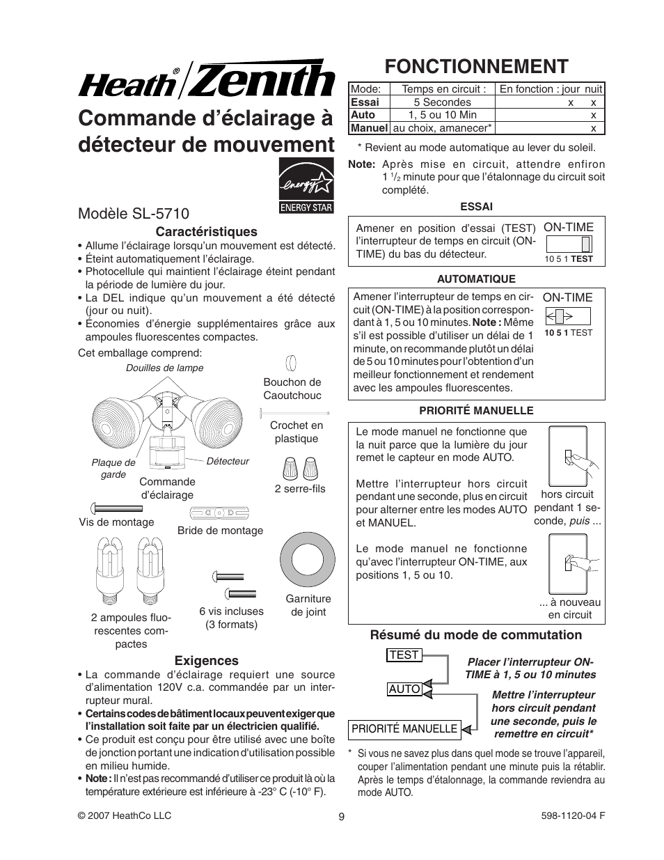 Commande d’éclairage à détecteur de mouvement, Fonctionnement, Modèle sl-5710 | Heath Zenith SL-5710 User Manual | Page 9 / 12