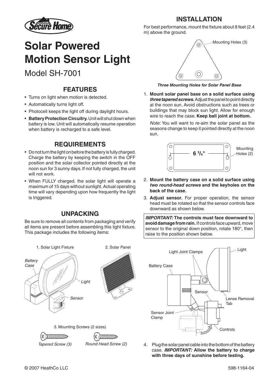 Heath Zenith Solar Powered Motion Sensor Light SH-7001 User Manual | 12 pages