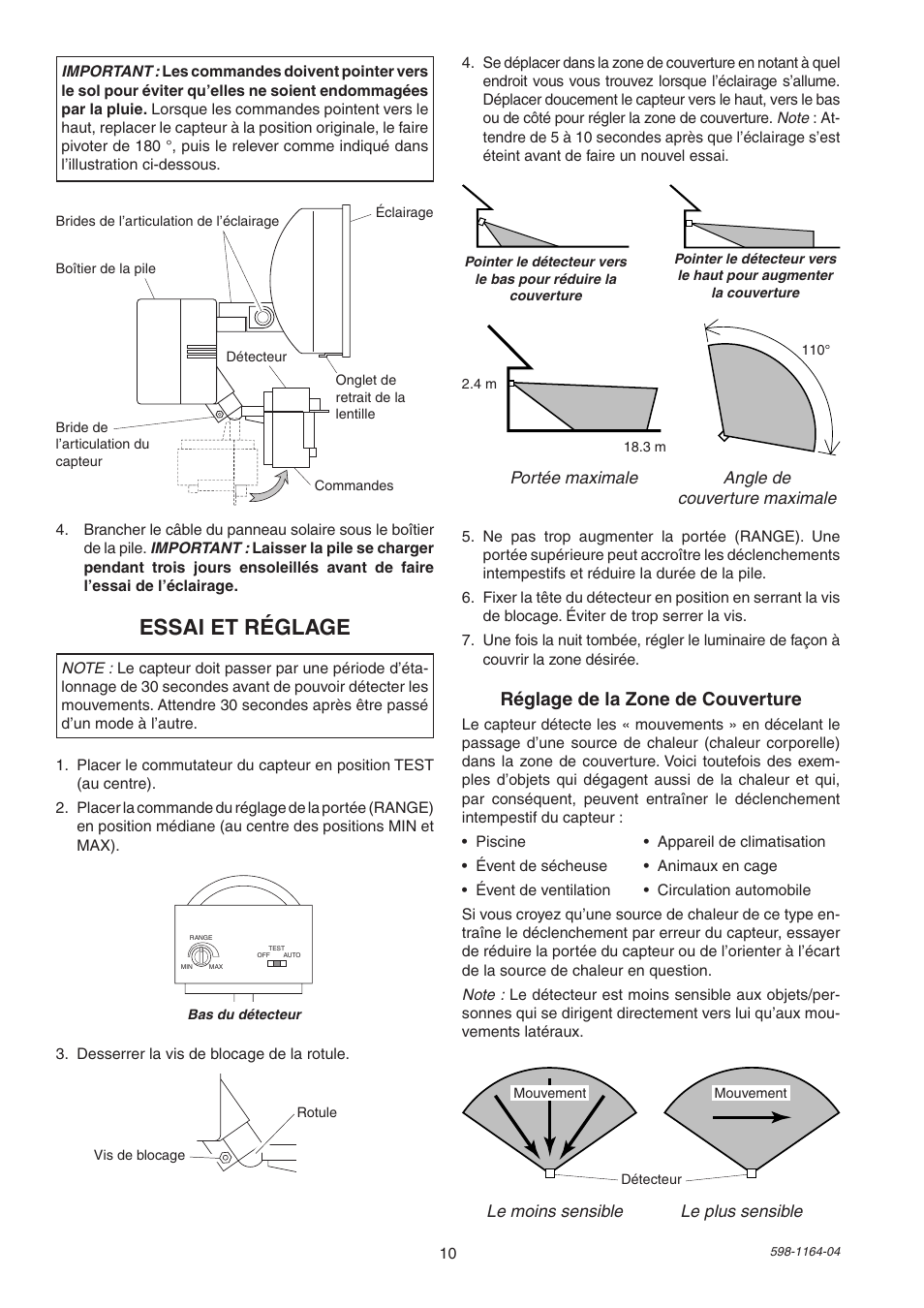 Essai et réglage, Réglage de la zone de couverture | Heath Zenith Solar Powered Motion Sensor Light SH-7001 User Manual | Page 10 / 12