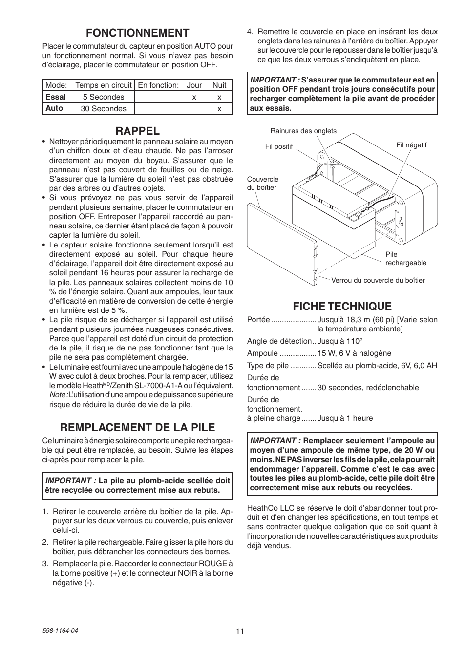 Fonctionnement, Rappel, Fiche technique | Remplacement de la pile | Heath Zenith Solar Powered Motion Sensor Light SH-7001 User Manual | Page 11 / 12