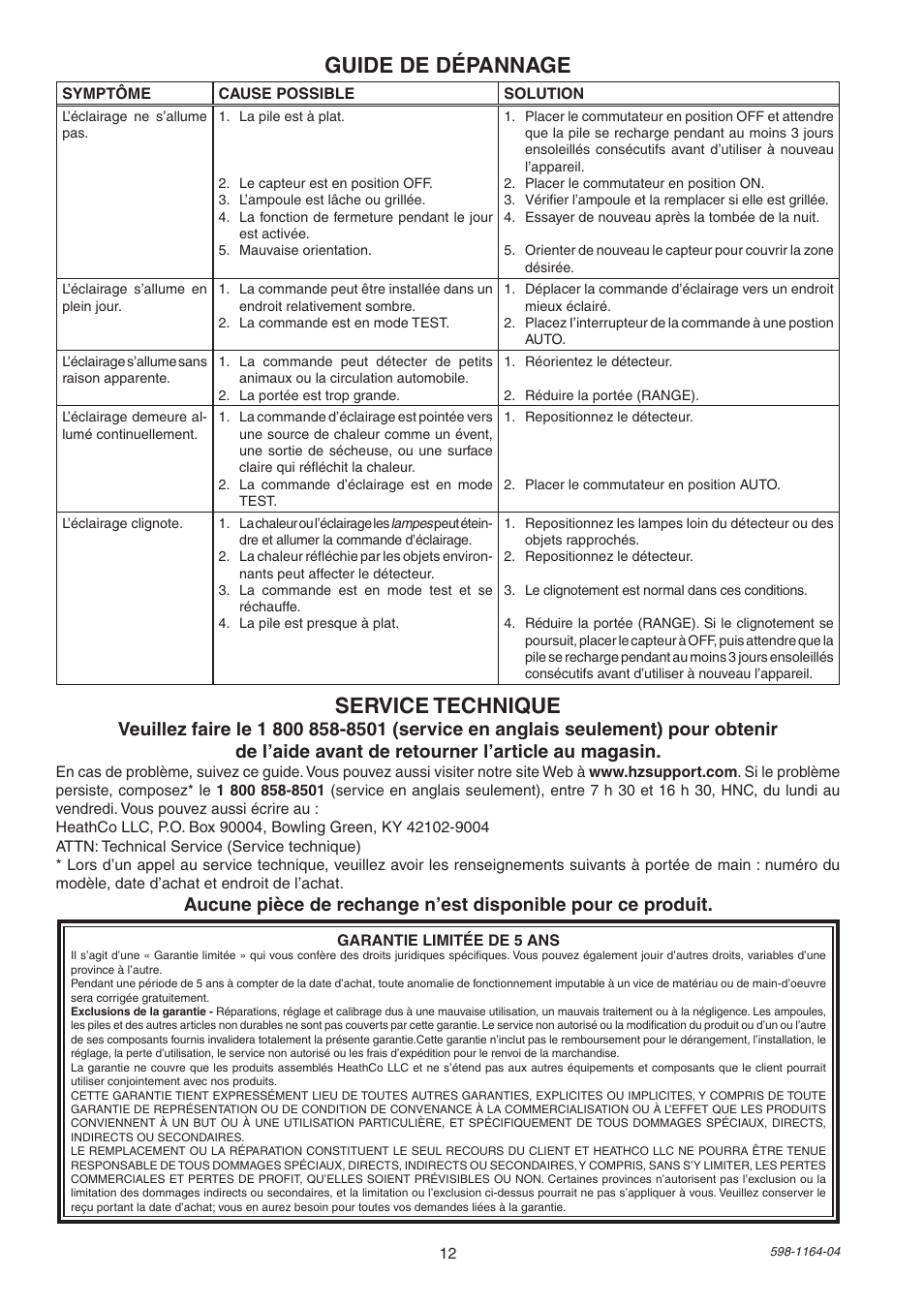 Guide de dépannage, Service technique | Heath Zenith Solar Powered Motion Sensor Light SH-7001 User Manual | Page 12 / 12
