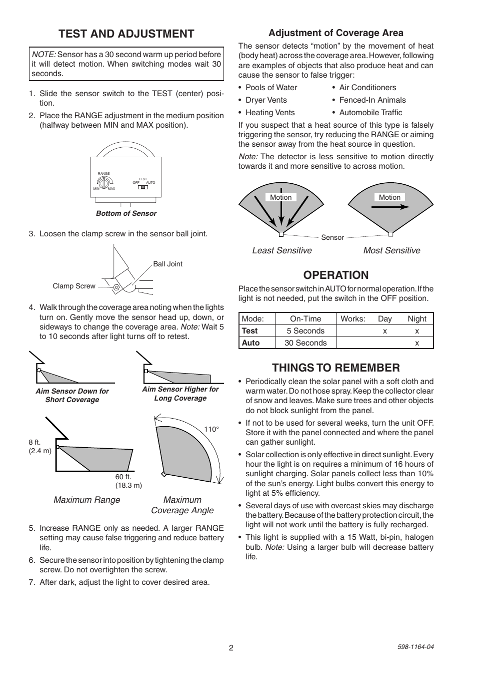 Test and adjustment, Operation, Things to remember | Adjustment of coverage area | Heath Zenith Solar Powered Motion Sensor Light SH-7001 User Manual | Page 2 / 12