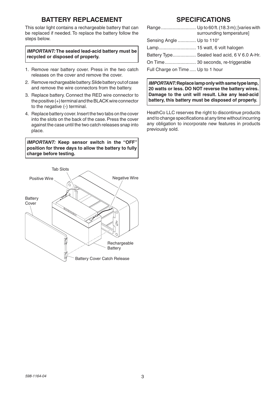 Specifications, Battery replacement | Heath Zenith Solar Powered Motion Sensor Light SH-7001 User Manual | Page 3 / 12