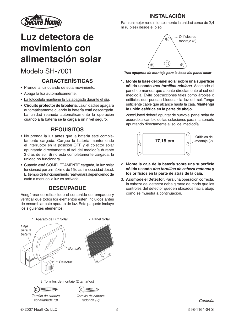 Luz detectora de movimiento con alimentación solar, Modelo sh-7001, Desempaque | Instalación, Características, Requisitos | Heath Zenith Solar Powered Motion Sensor Light SH-7001 User Manual | Page 5 / 12