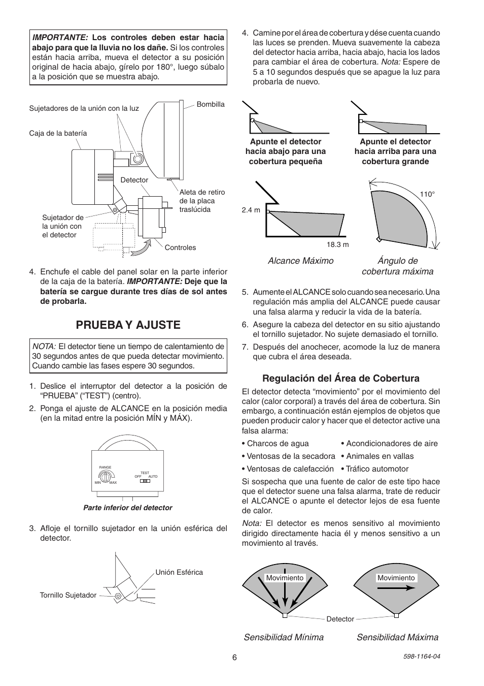 Prueba y ajuste, Regulación del área de cobertura | Heath Zenith Solar Powered Motion Sensor Light SH-7001 User Manual | Page 6 / 12