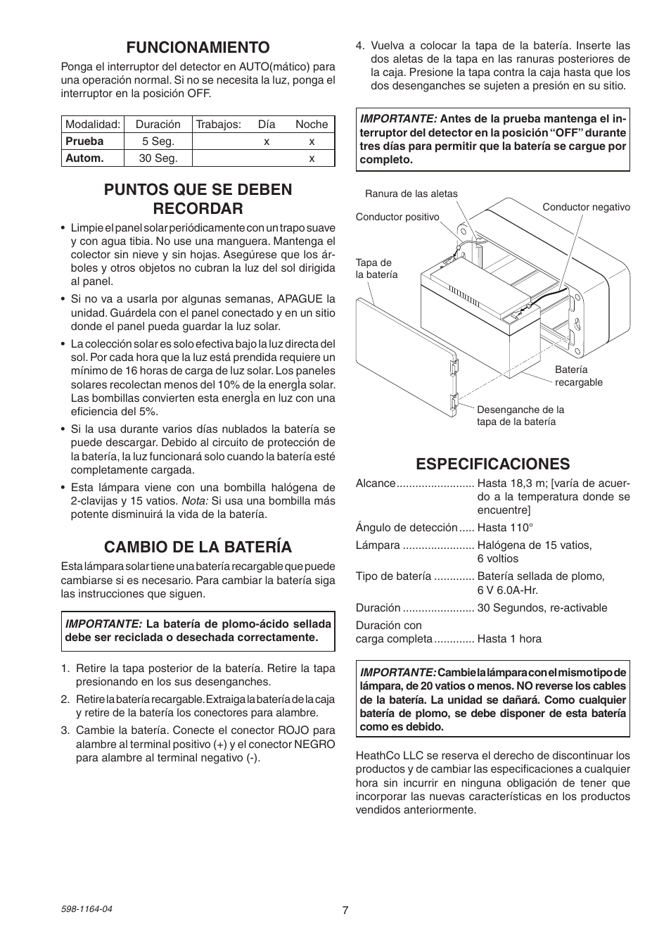 Funcionamiento, Cambio de la batería, Puntos que se deben recordar | Especificaciones | Heath Zenith Solar Powered Motion Sensor Light SH-7001 User Manual | Page 7 / 12