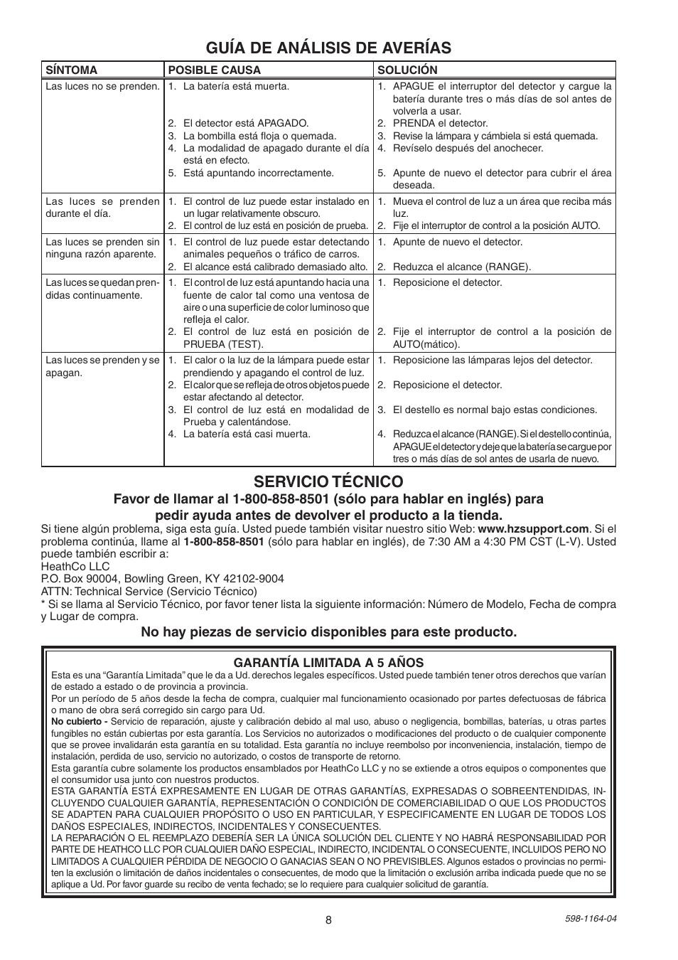 Guía de análisis de averías, Servicio técnico | Heath Zenith Solar Powered Motion Sensor Light SH-7001 User Manual | Page 8 / 12