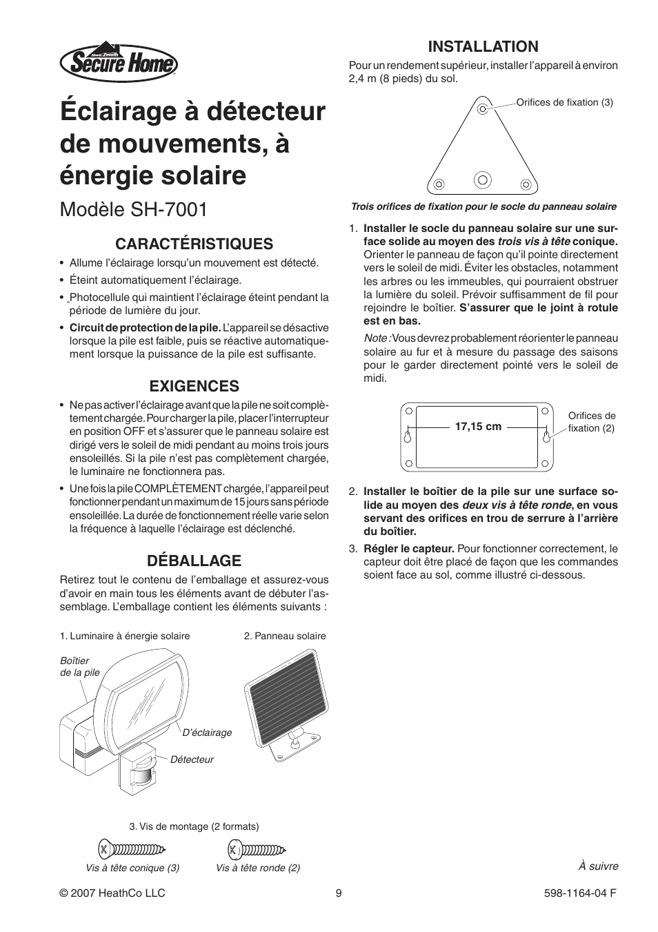 Modèle sh-7001, Déballage, Installation | Caractéristiques, Exigences | Heath Zenith Solar Powered Motion Sensor Light SH-7001 User Manual | Page 9 / 12