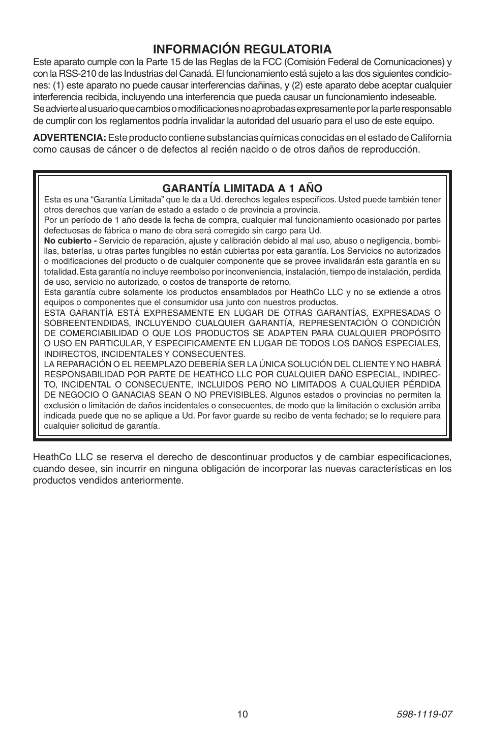 Información regulatoria | Heath Zenith 598-1119-07 User Manual | Page 10 / 16
