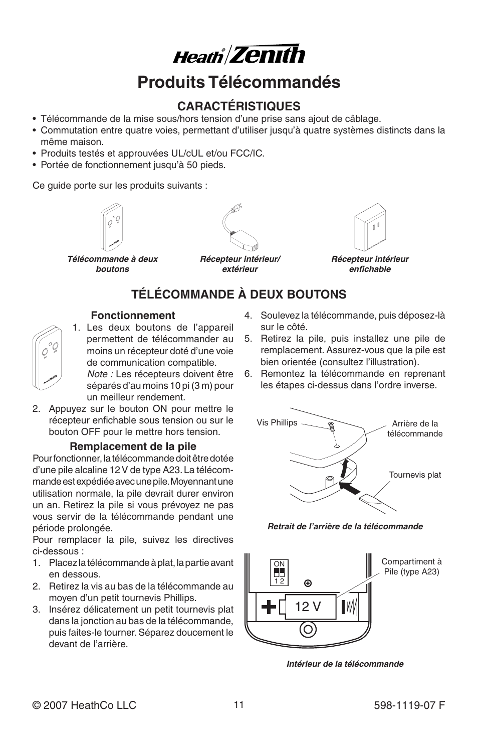 Produits télécommandés, 12 v, Caractéristiques | Télécommande à deux boutons, Fonctionnement, Remplacement de la pile | Heath Zenith 598-1119-07 User Manual | Page 11 / 16