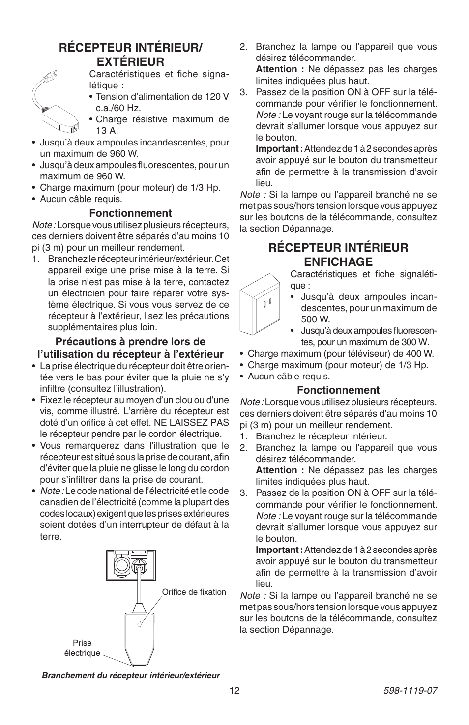 Récepteur intérieur enfichage, Récepteur intérieur/ extérieur | Heath Zenith 598-1119-07 User Manual | Page 12 / 16