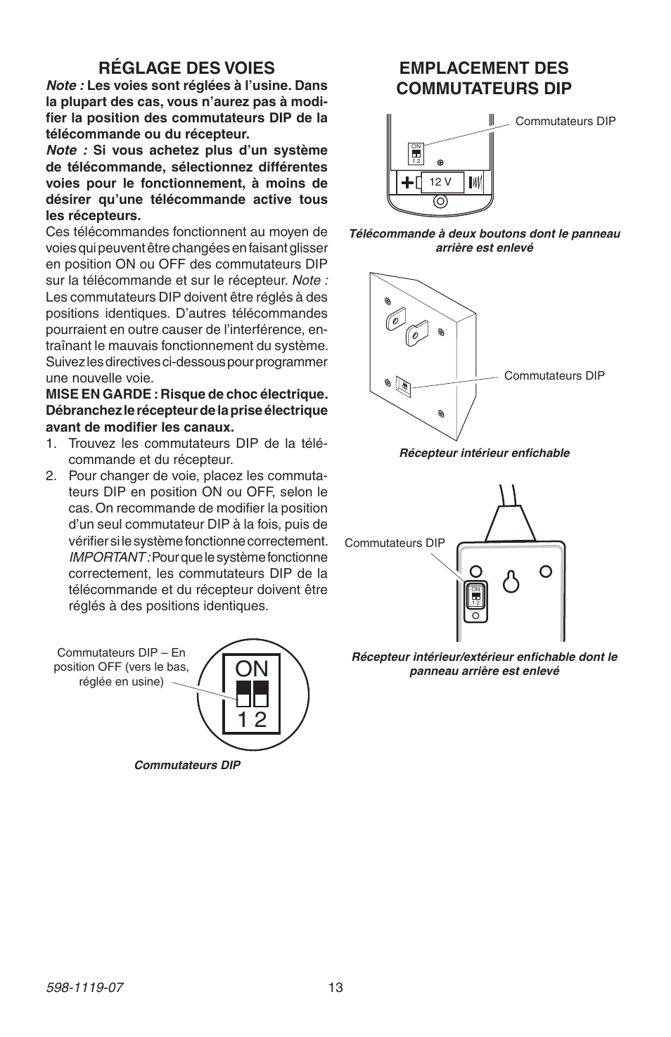 12 v, Réglage des voies, Emplacement des commutateurs dip | Heath Zenith 598-1119-07 User Manual | Page 13 / 16