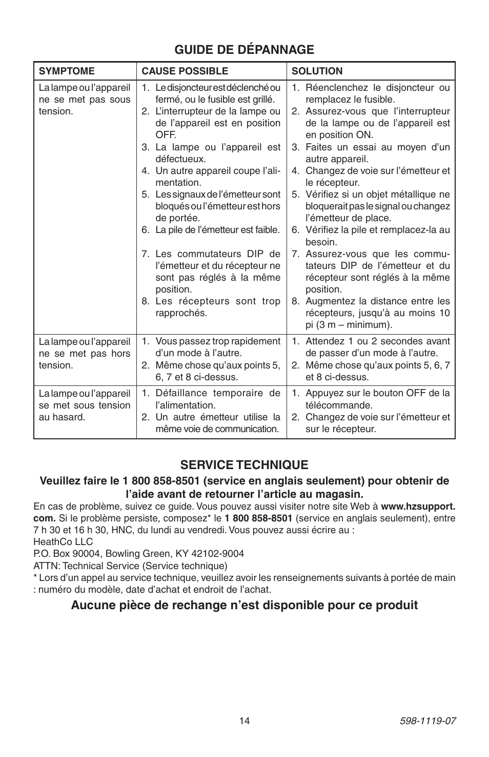 Guide de dépannage, Service technique | Heath Zenith 598-1119-07 User Manual | Page 14 / 16