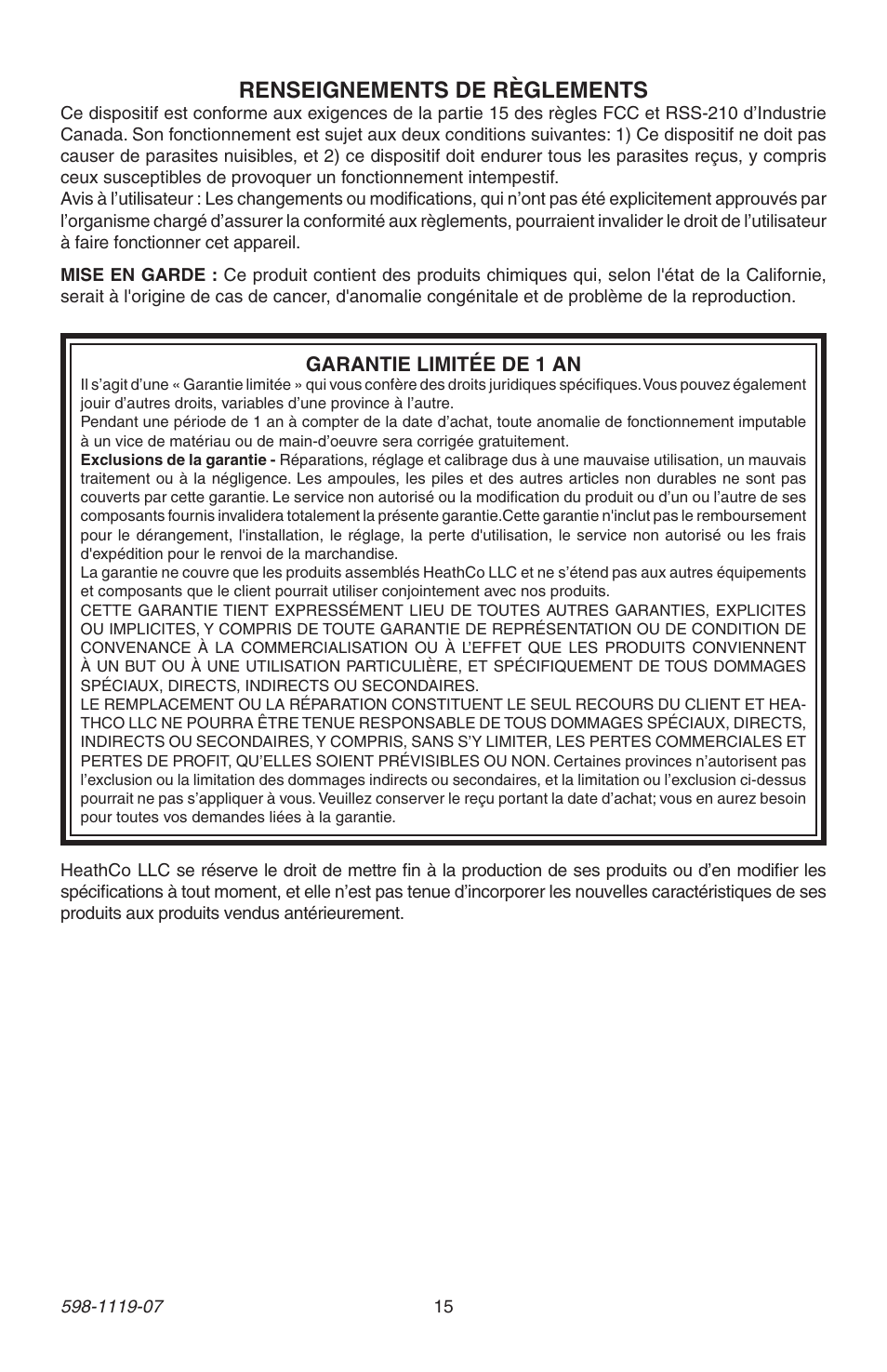 Renseignements de règlements | Heath Zenith 598-1119-07 User Manual | Page 15 / 16