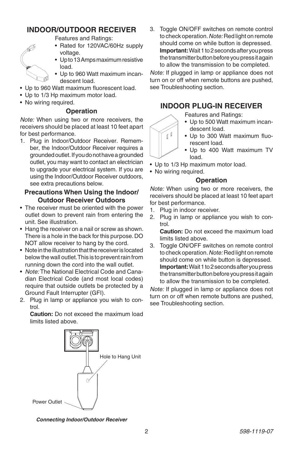 Indoor plug-in receiver, Indoor/outdoor receiver | Heath Zenith 598-1119-07 User Manual | Page 2 / 16