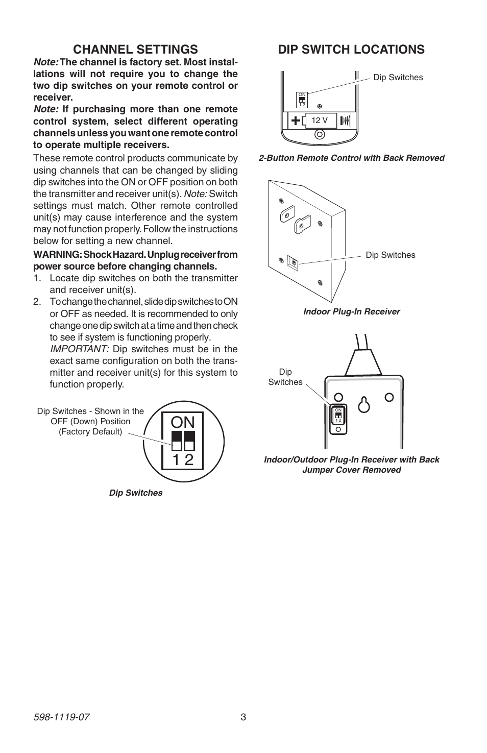 12 v, Channel settings, Dip switch locations | Heath Zenith 598-1119-07 User Manual | Page 3 / 16