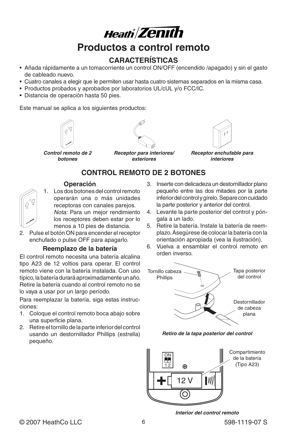 Productos a control remoto, 12 v, Características | Control remoto de 2 botones, Operación, Reemplazo de la batería | Heath Zenith 598-1119-07 User Manual | Page 6 / 16