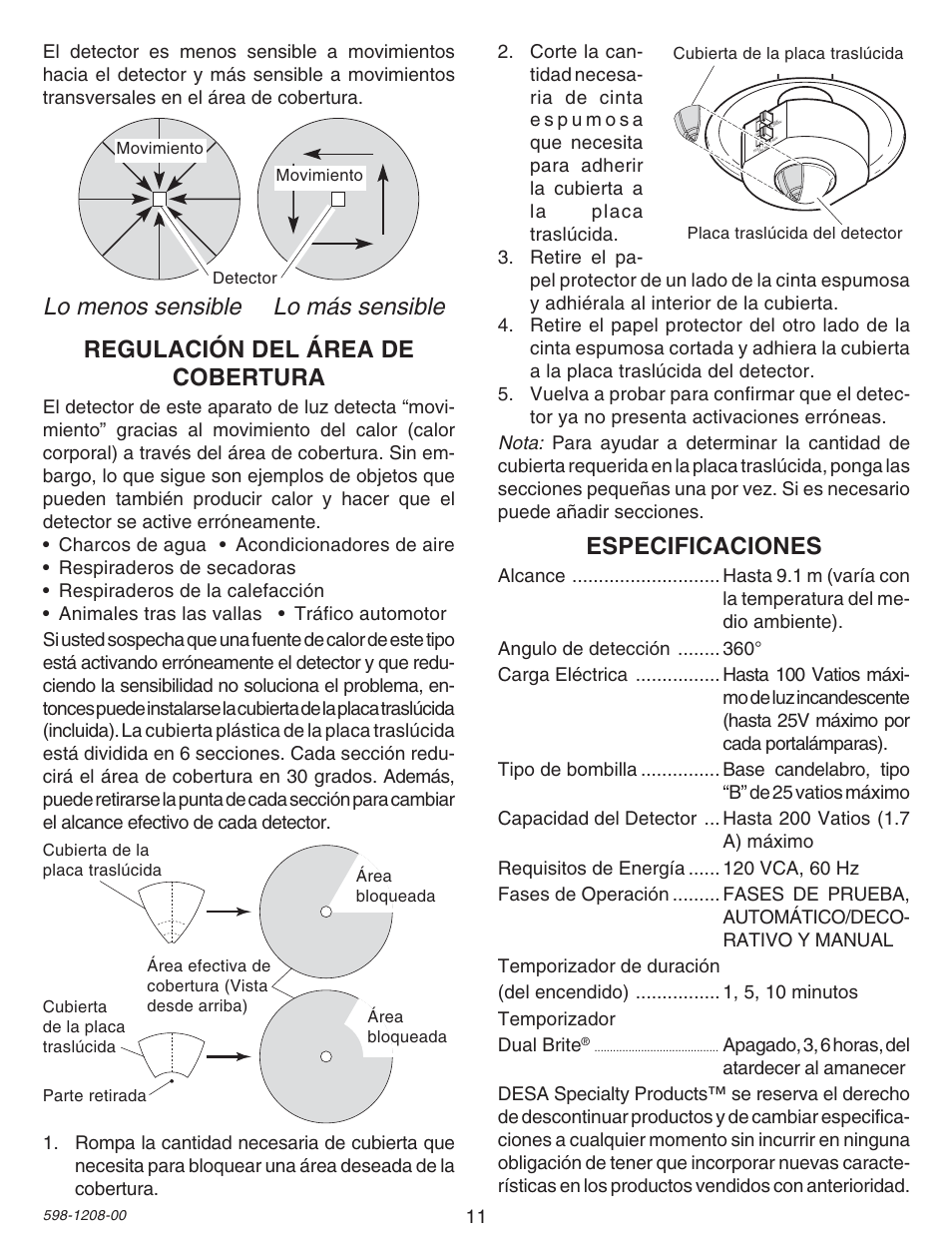 Lo menos sensible lo más sensible, Especificaciones, Regulación del área de cobertura | Heath Zenith SL-4300 User Manual | Page 11 / 20