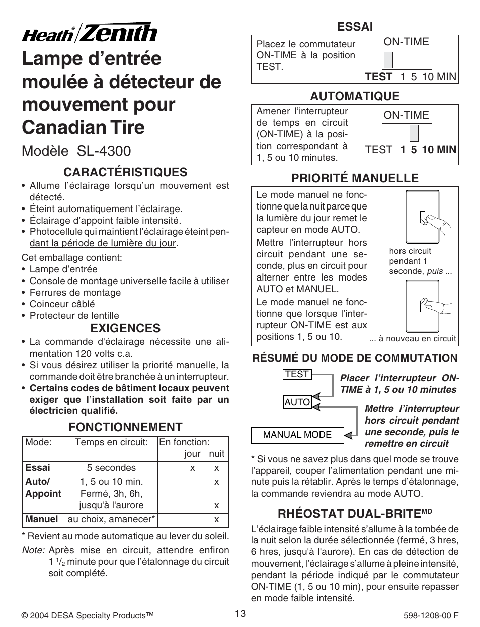 Modèle sl-4300, Caractéristiques, Exigences | Fonctionnement, Essai, Automatique, Priorité manuelle, Rhéostat dual-brite | Heath Zenith SL-4300 User Manual | Page 13 / 20