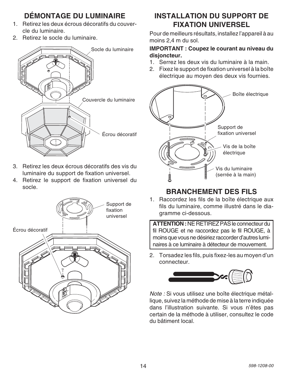 Installation du support de fixation universel, Branchement des fils, Démontage du luminaire | Heath Zenith SL-4300 User Manual | Page 14 / 20