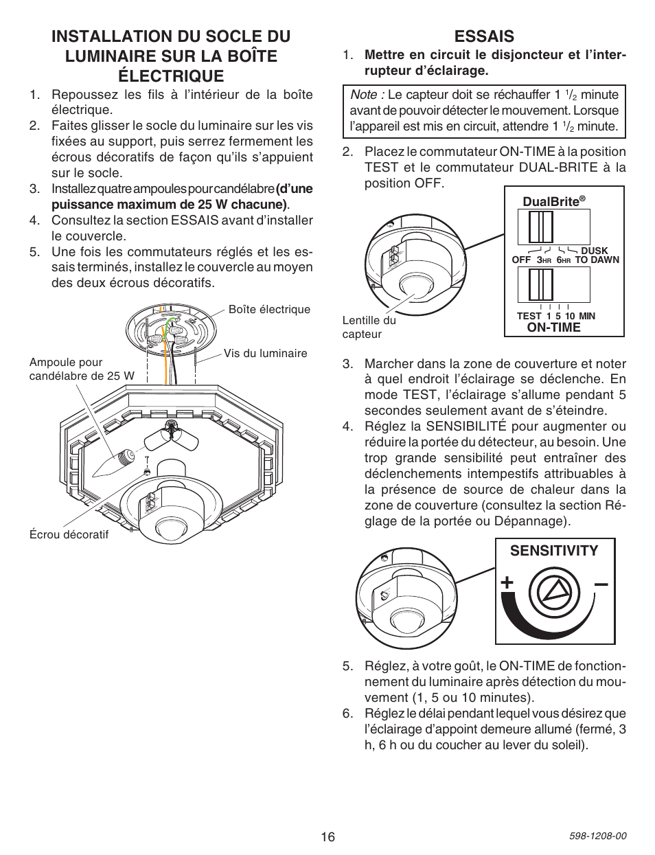 Essais, Sensitivity, Dualbrite | On-time, Lentille du capteur | Heath Zenith SL-4300 User Manual | Page 16 / 20