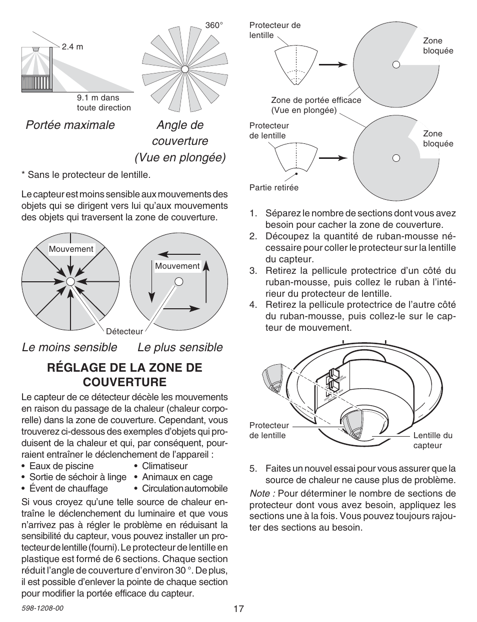 Le moins sensible le plus sensible, Réglage de la zone de couverture, Sans le protecteur de lentille | Heath Zenith SL-4300 User Manual | Page 17 / 20