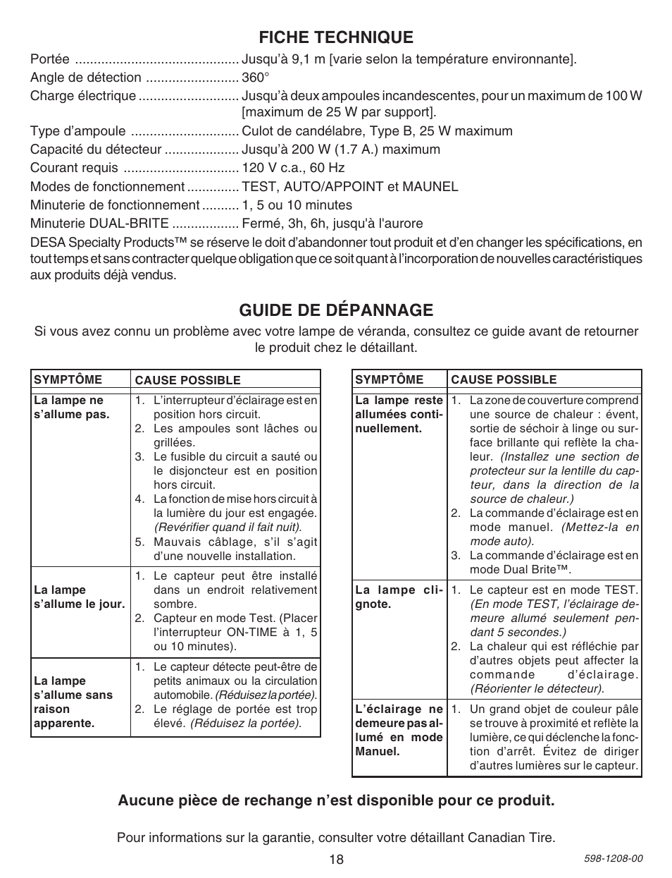 Fiche technique, Guide de dépannage | Heath Zenith SL-4300 User Manual | Page 18 / 20