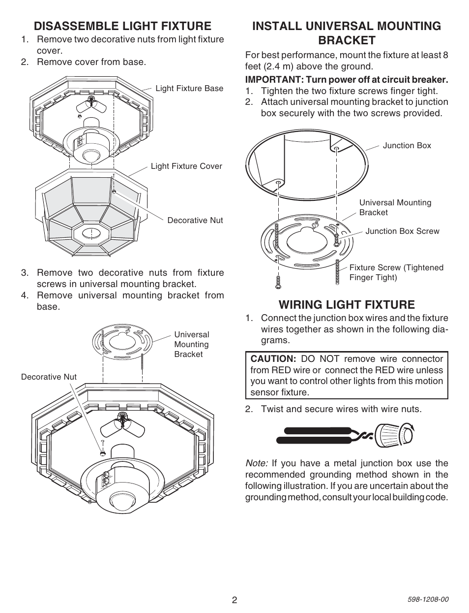 Install universal mounting bracket, Wiring light fixture, Disassemble light fixture | Heath Zenith SL-4300 User Manual | Page 2 / 20