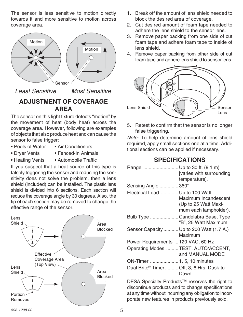 Least sensitive most sensitive, Specifications, Adjustment of coverage area | Heath Zenith SL-4300 User Manual | Page 5 / 20
