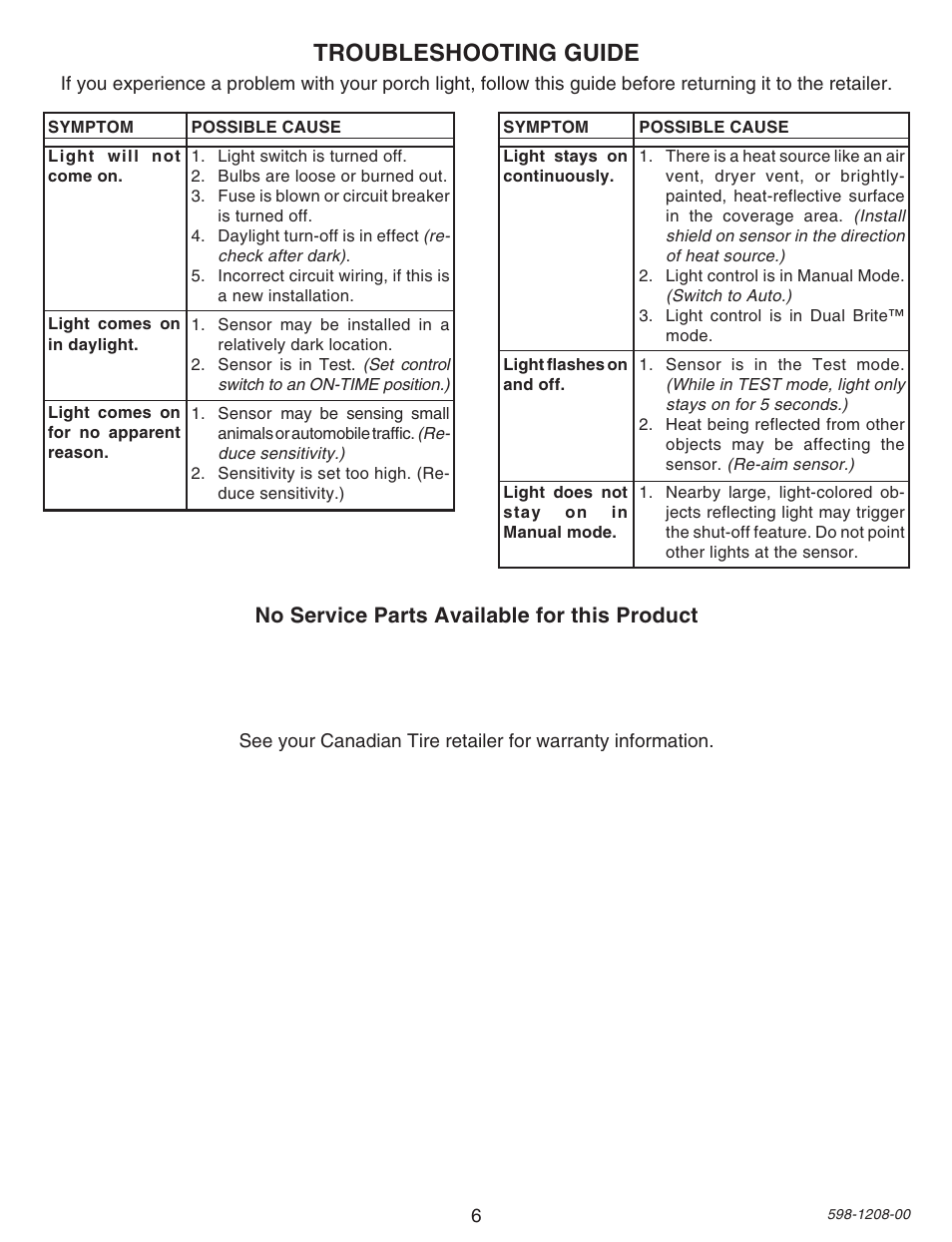 Troubleshooting guide, No service parts available for this product | Heath Zenith SL-4300 User Manual | Page 6 / 20