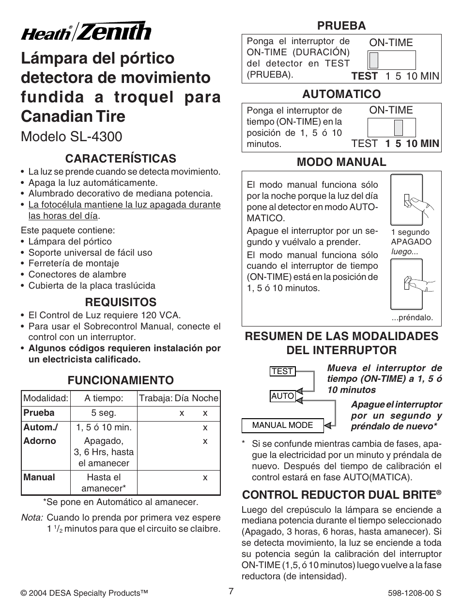Modelo sl-4300, Características, Requisitos | Funcionamiento, Prueba, Automatico, Resumen de las modalidades del interruptor, Modo manual, Control reductor dual brite | Heath Zenith SL-4300 User Manual | Page 7 / 20