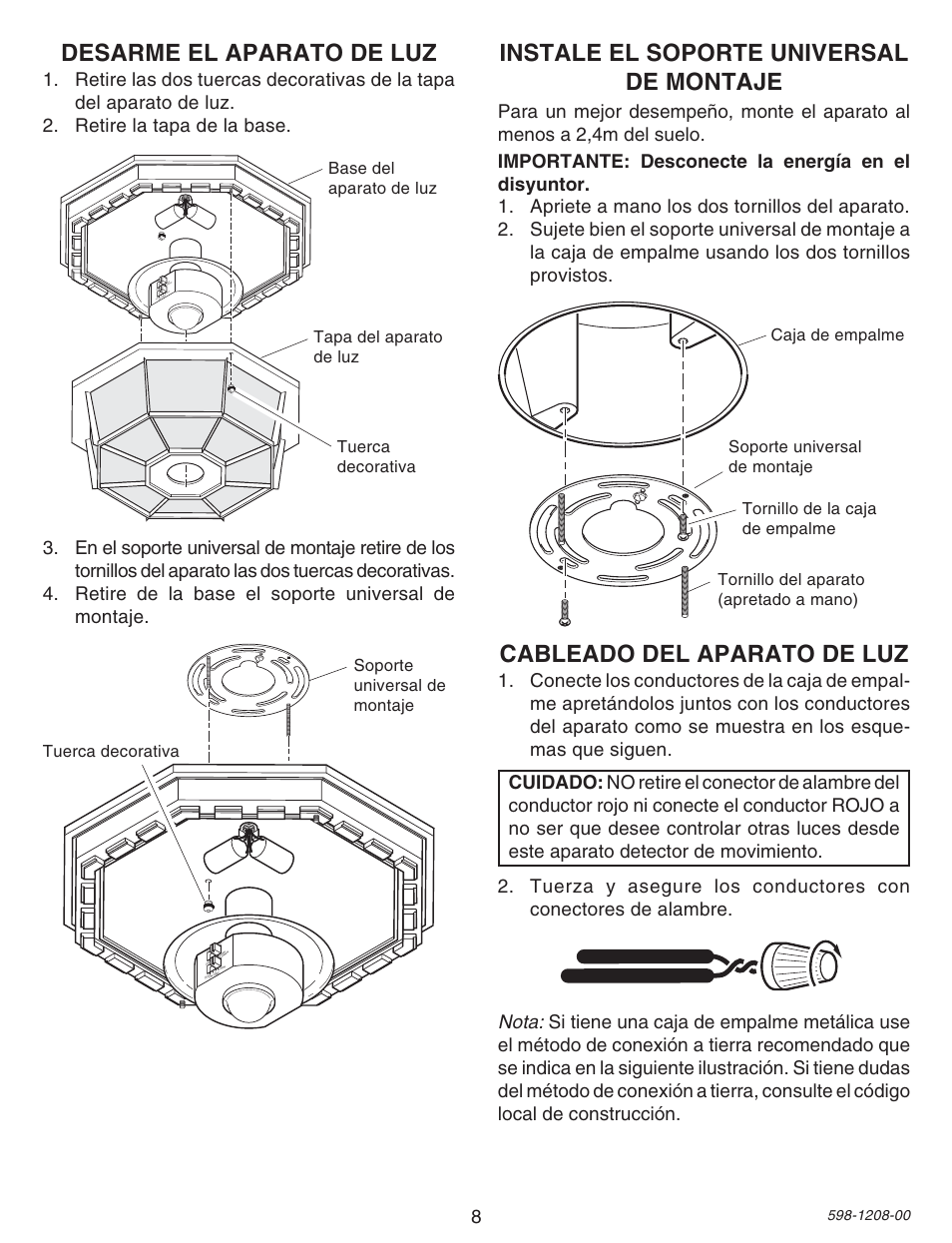 Instale el soporte universal de montaje, Cableado del aparato de luz, Desarme el aparato de luz | Heath Zenith SL-4300 User Manual | Page 8 / 20