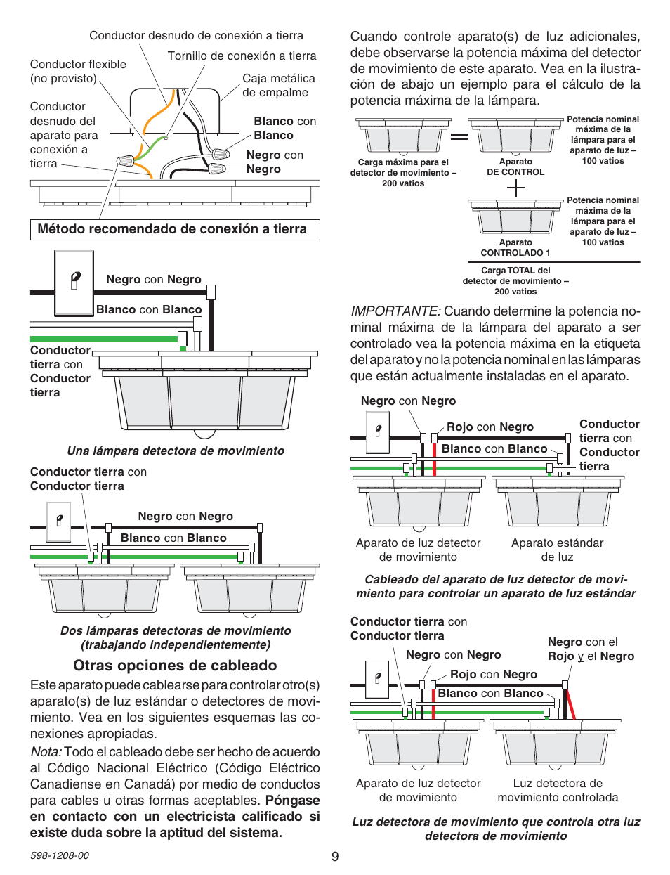 Otras opciones de cableado, Método recomendado de conexión a tierra | Heath Zenith SL-4300 User Manual | Page 9 / 20