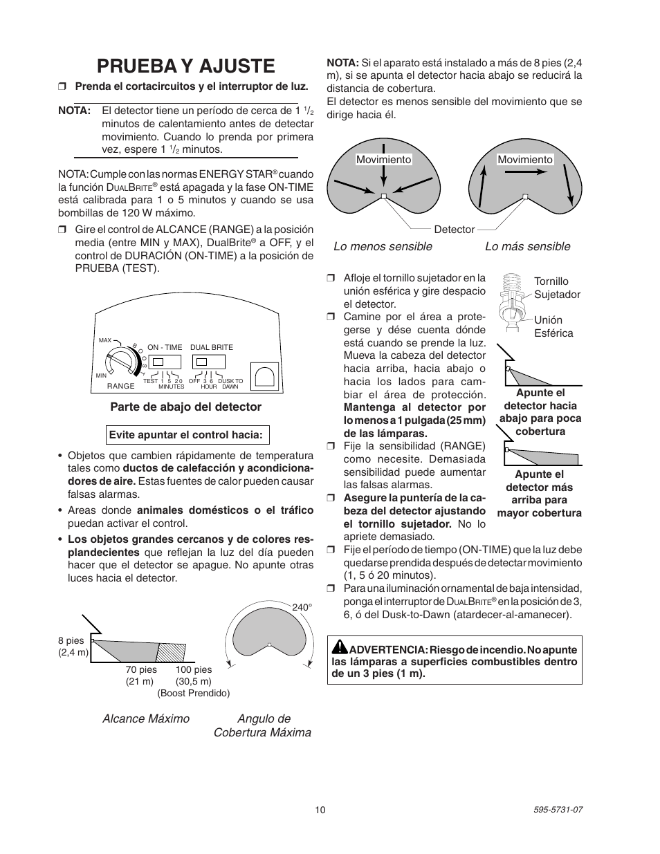 Prueba y ajuste | Heath Zenith DualBrite 5318 User Manual | Page 10 / 20