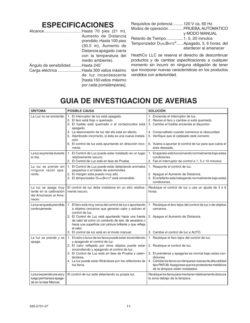 Especificaciones, Guia de investigacion de averias | Heath Zenith DualBrite 5318 User Manual | Page 11 / 20